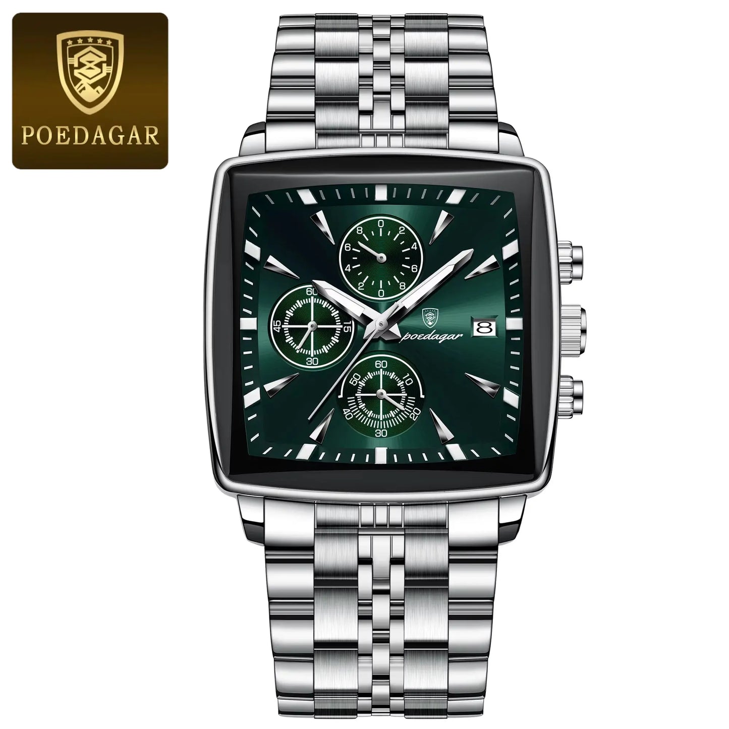 Montre de Luxe Carrée pour Homme : Chronographe Quartz en Acier Inoxydable – Étanche et Luminescente