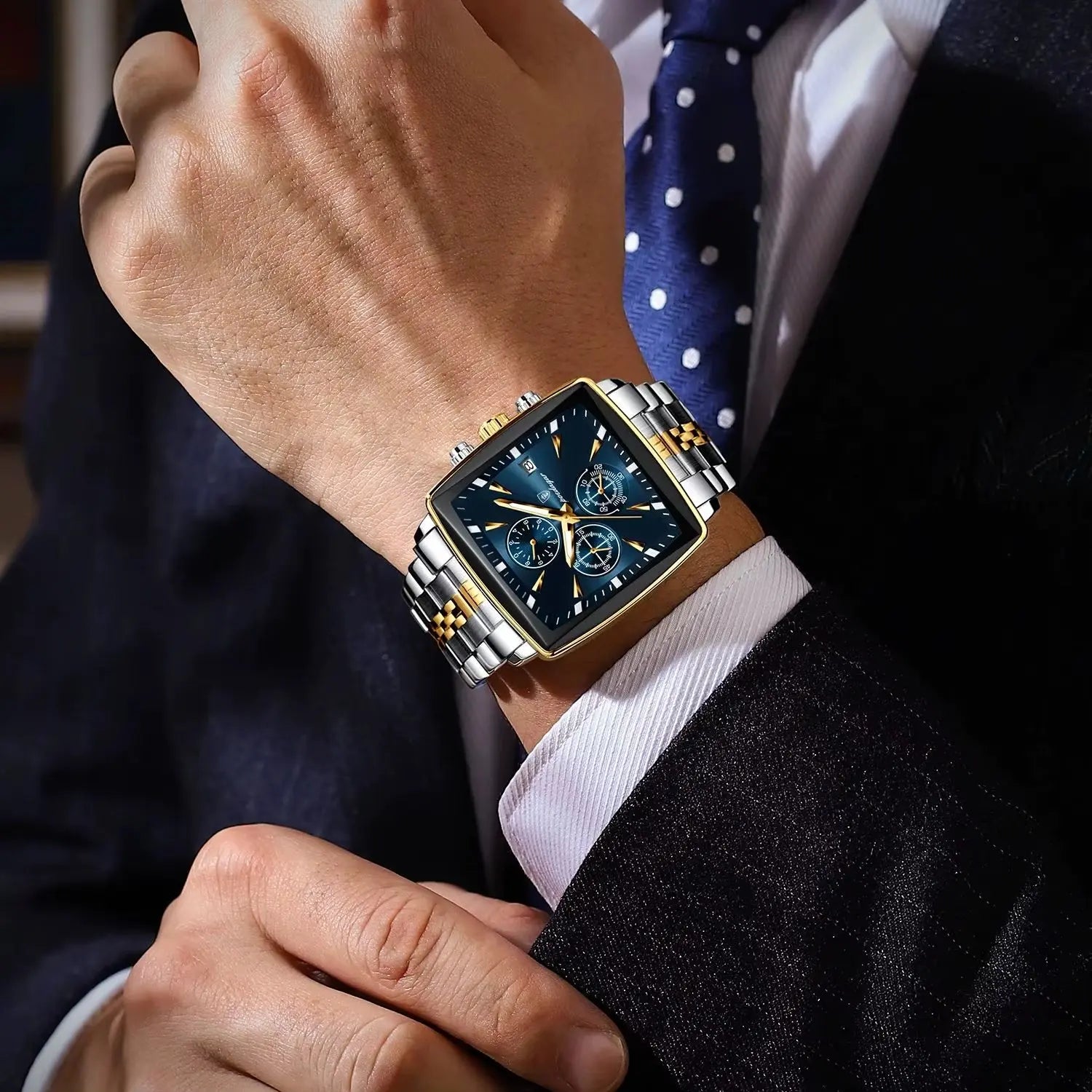 Montre de Luxe Carrée pour Homme : Chronographe Quartz en Acier Inoxydable – Étanche et Luminescente