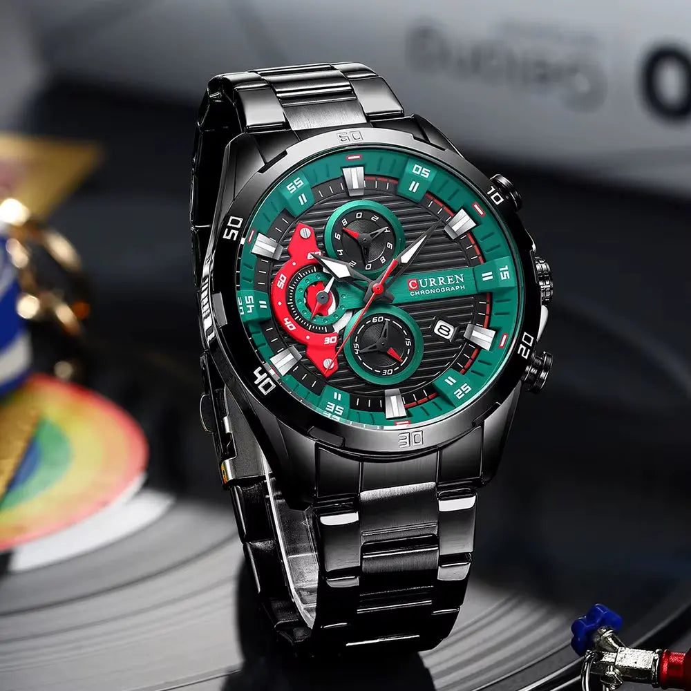 Montre homme chic en acier inoxydable, mouvement quartz, cadran phosphorescent et chronographe.
