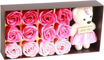 Coffret Cadeau Romantique QANYEGN : Savon De Bain Parfumé Floral avec Pétales de Roses et Ours en Peluche - Idéal pour la Saint-Valentin