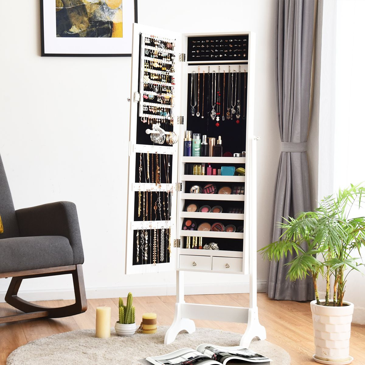 Armoire À Bijoux Sur Pied avec Miroir Pivotant - Rangement Élégant à 4 Niveaux en Noir/Blanc