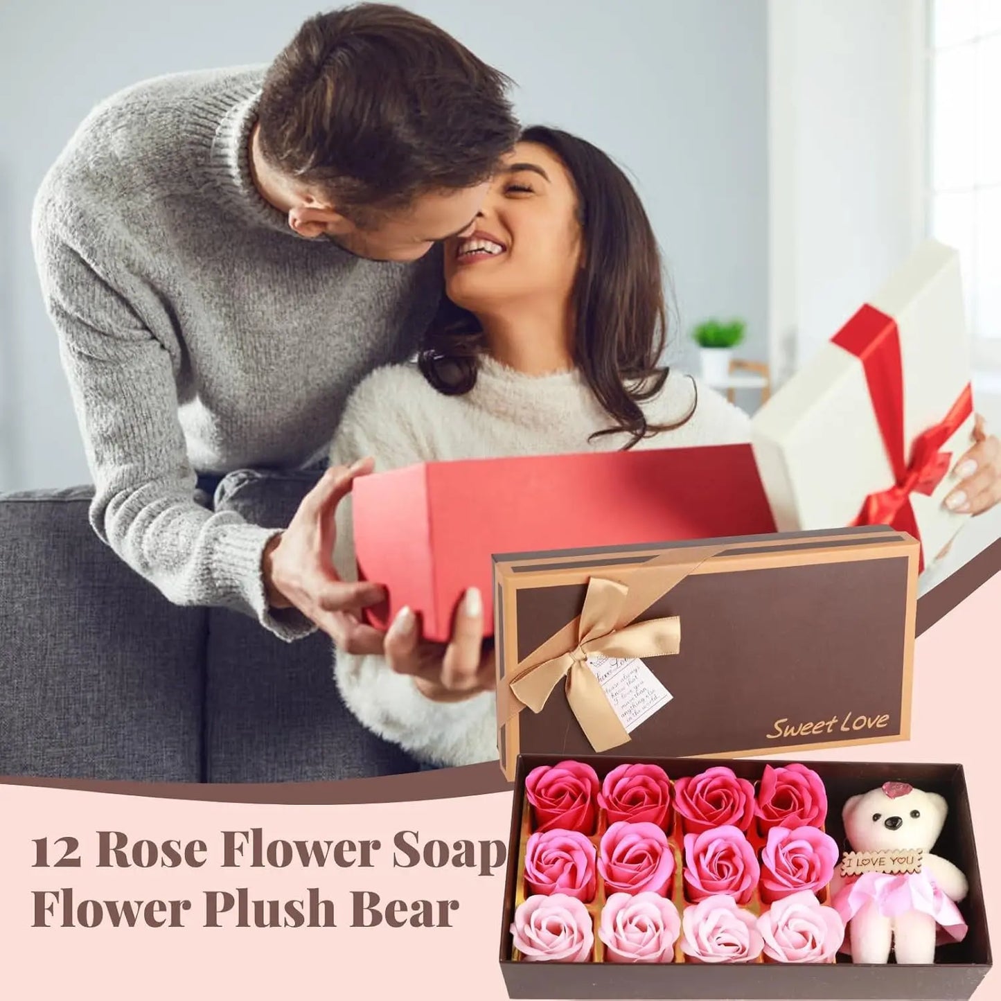 Coffret Cadeau Romantique QANYEGN : Savon De Bain Parfumé Floral avec Pétales de Roses et Ours en Peluche - Idéal pour la Saint-Valentin