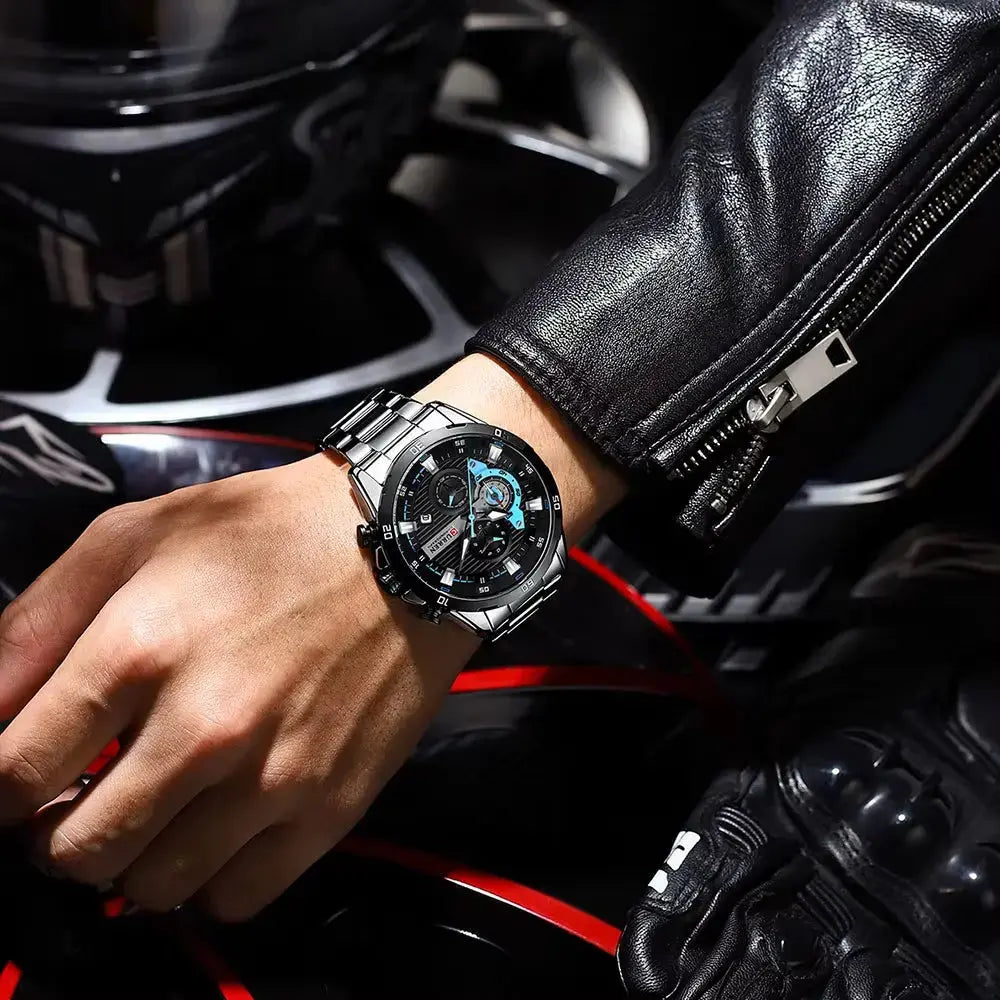 Montre homme chic en acier inoxydable, mouvement quartz, cadran phosphorescent et chronographe.