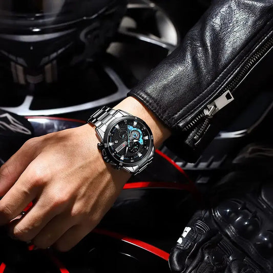 Montre homme chic en acier inoxydable, mouvement quartz, cadran phosphorescent et chronographe.