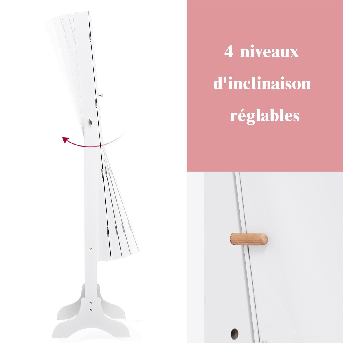 Armoire À Bijoux Sur Pied avec Miroir Pivotant - Rangement Élégant à 4 Niveaux en Noir/Blanc