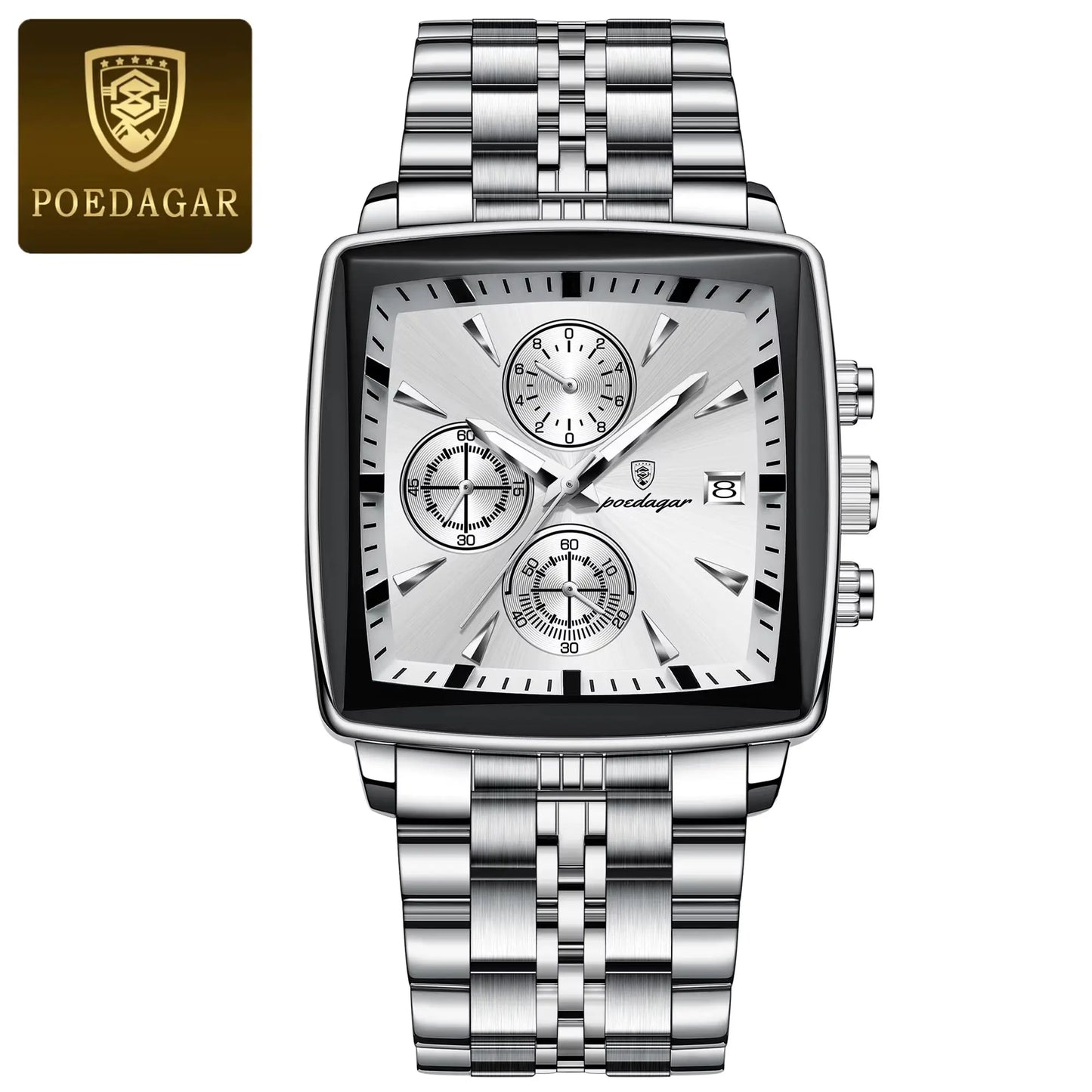Montre de Luxe Carrée pour Homme : Chronographe Quartz en Acier Inoxydable – Étanche et Luminescente