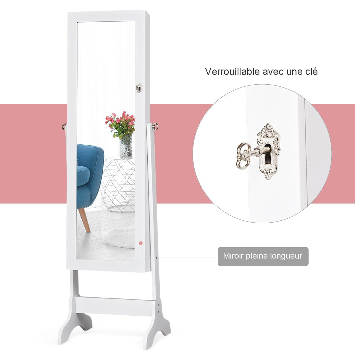 Armoire À Bijoux Sur Pied avec Miroir Pivotant - Rangement Élégant à 4 Niveaux en Noir/Blanc