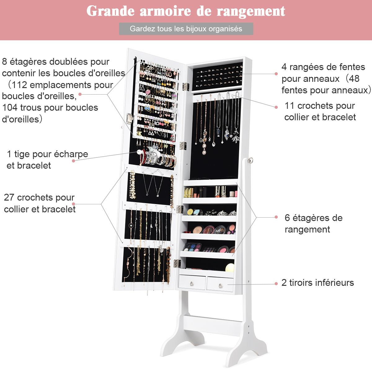Armoire À Bijoux Sur Pied avec Miroir Pivotant - Rangement Élégant à 4 Niveaux en Noir/Blanc