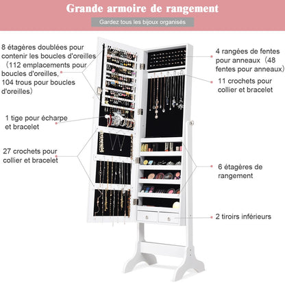 Armoire À Bijoux Sur Pied avec Miroir Pivotant - Rangement Élégant à 4 Niveaux en Noir/Blanc