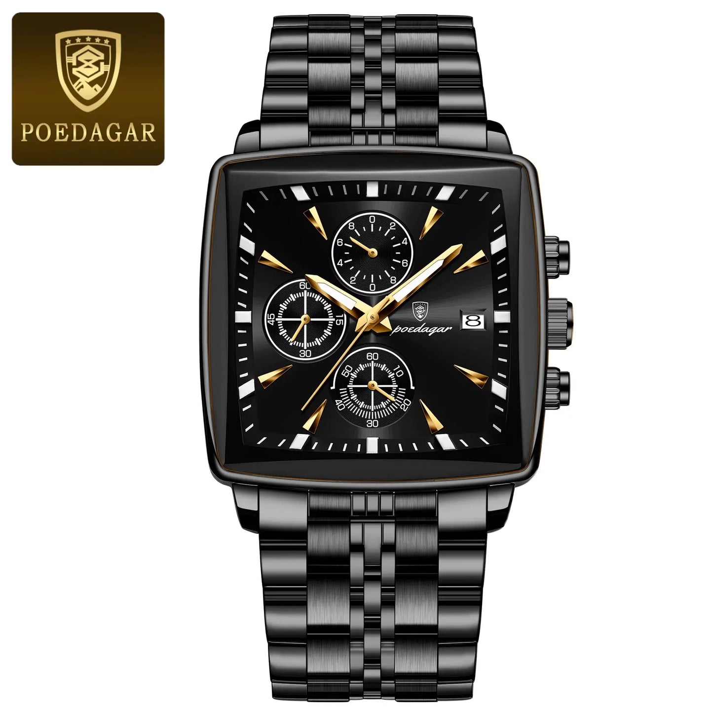 Montre de Luxe Carrée pour Homme : Chronographe Quartz en Acier Inoxydable – Étanche et Luminescente