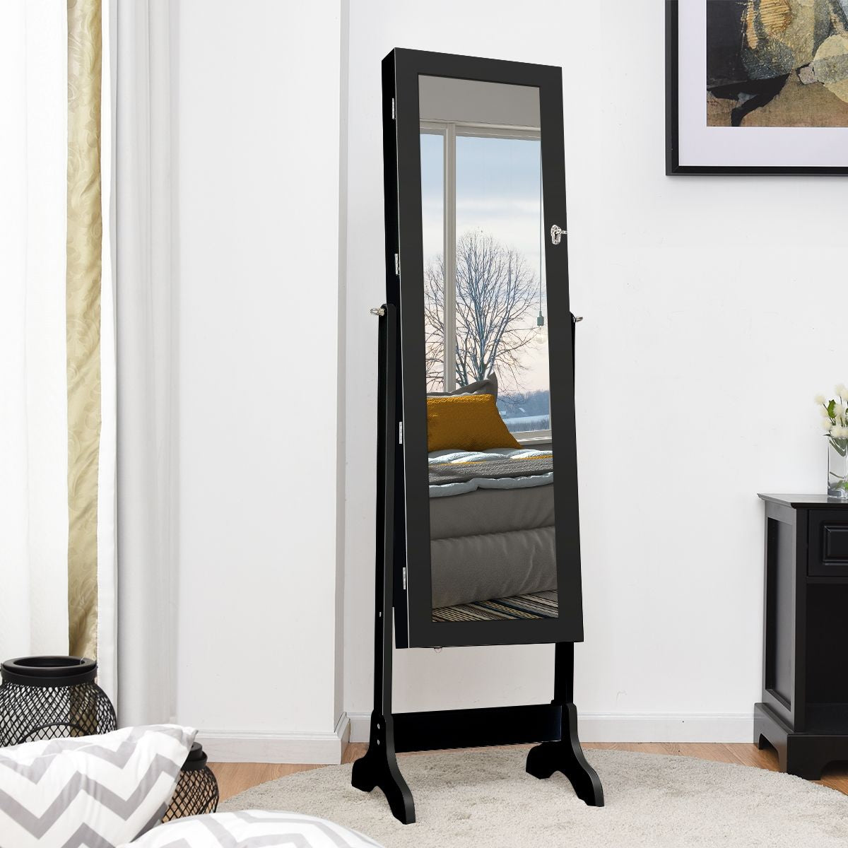 Armoire À Bijoux Sur Pied avec Miroir Pivotant - Rangement Élégant à 4 Niveaux en Noir/Blanc