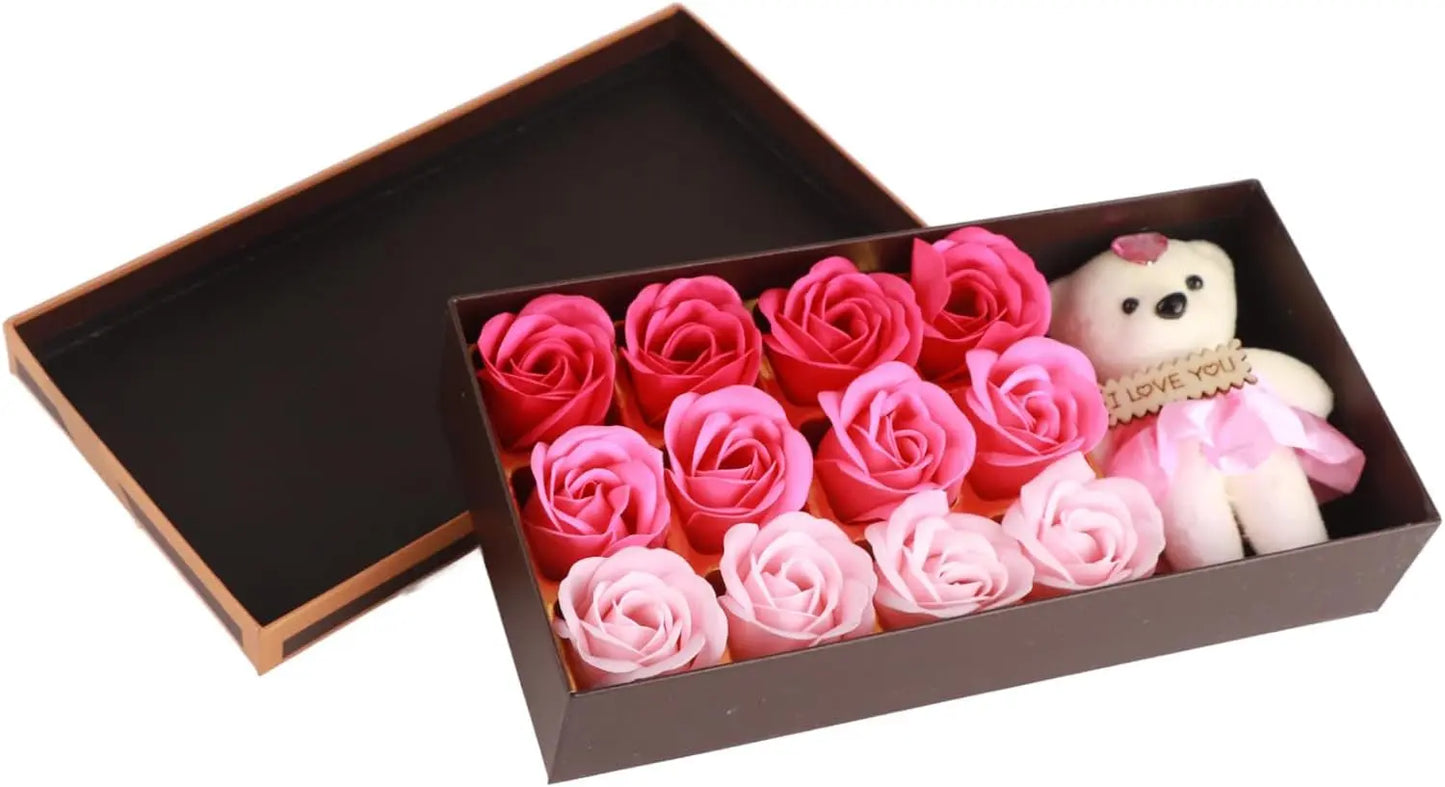 Coffret Cadeau Romantique QANYEGN : Savon De Bain Parfumé Floral avec Pétales de Roses et Ours en Peluche - Idéal pour la Saint-Valentin