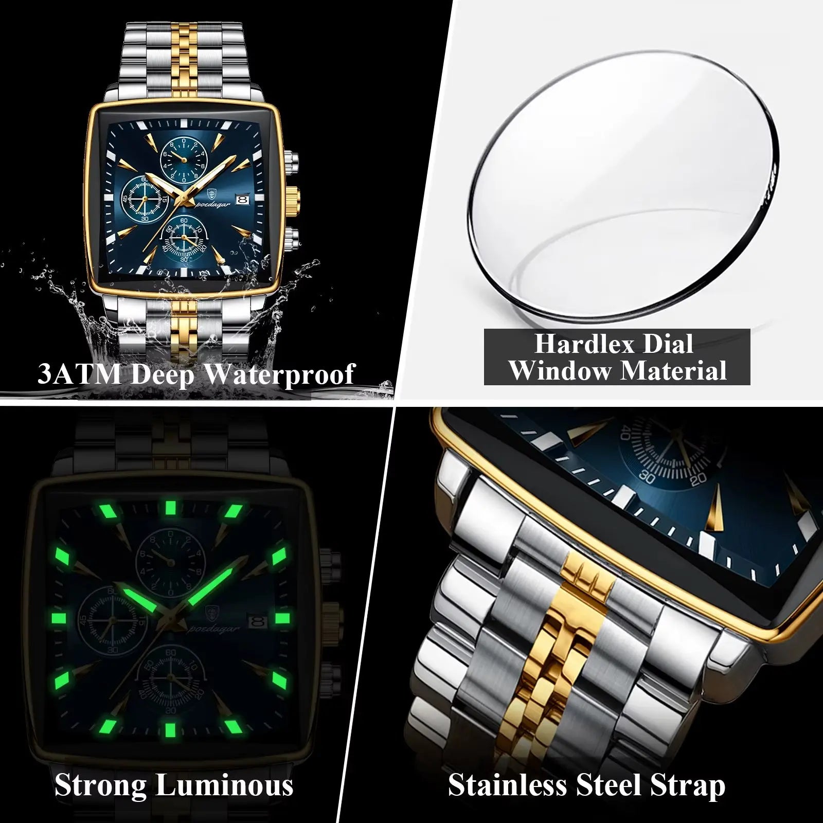 Montre de Luxe Carrée pour Homme : Chronographe Quartz en Acier Inoxydable – Étanche et Luminescente