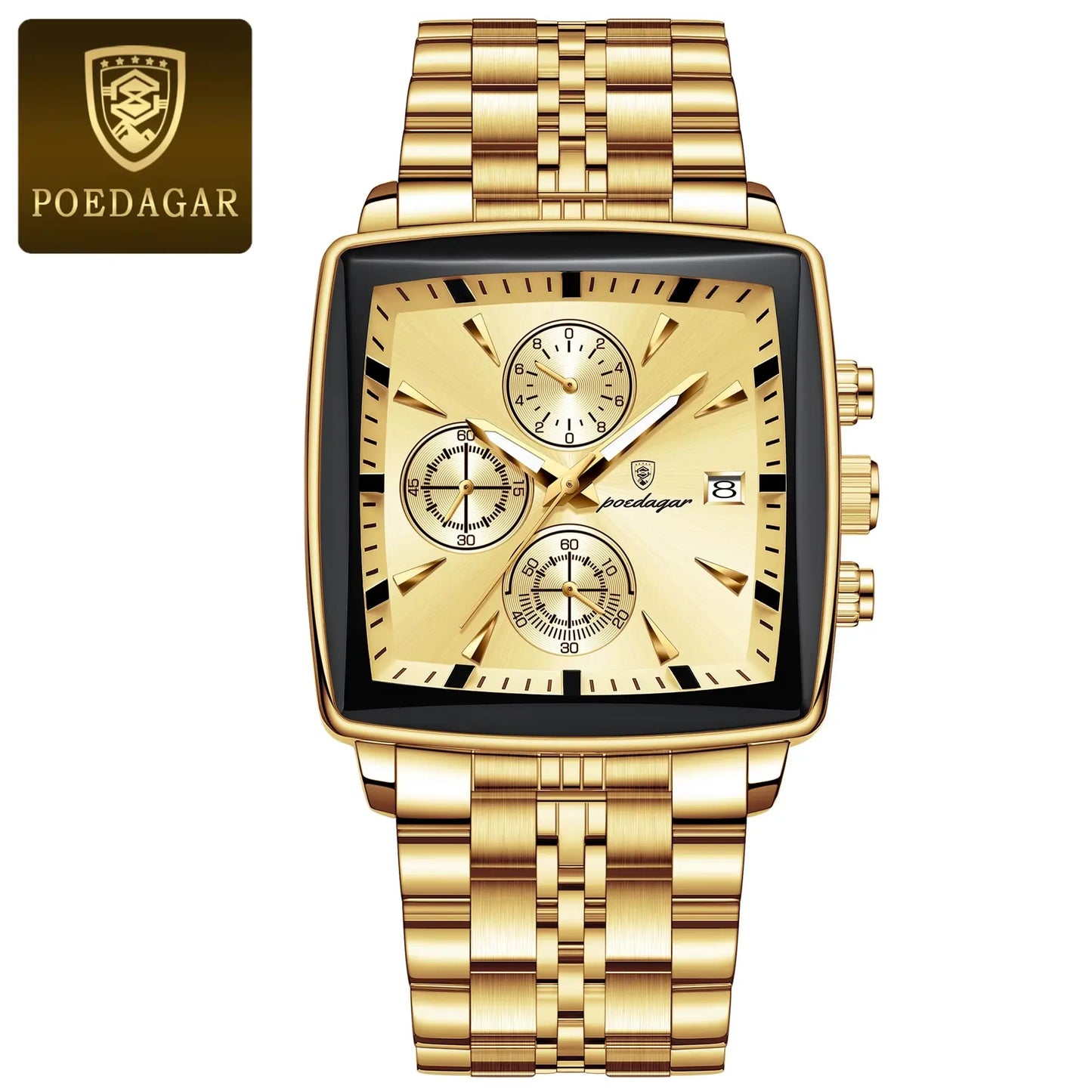 Montre de Luxe Carrée pour Homme : Chronographe Quartz en Acier Inoxydable – Étanche et Luminescente