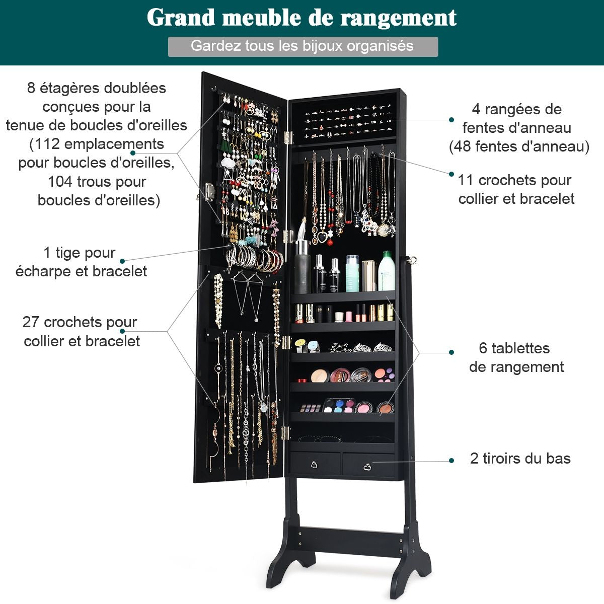 Armoire À Bijoux Sur Pied avec Miroir Pivotant - Rangement Élégant à 4 Niveaux en Noir/Blanc
