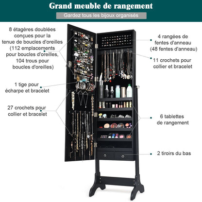 Armoire À Bijoux Sur Pied avec Miroir Pivotant - Rangement Élégant à 4 Niveaux en Noir/Blanc