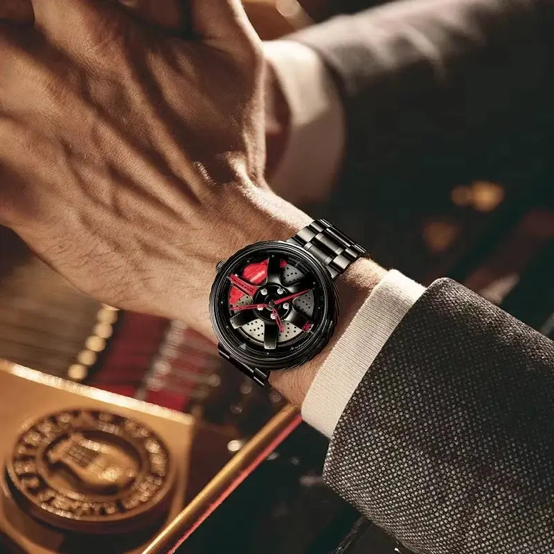 Sleek and Stylish Men's Quartz Wristwatch with Racing Car Rim Design - Perfect for Business and Casual Wear