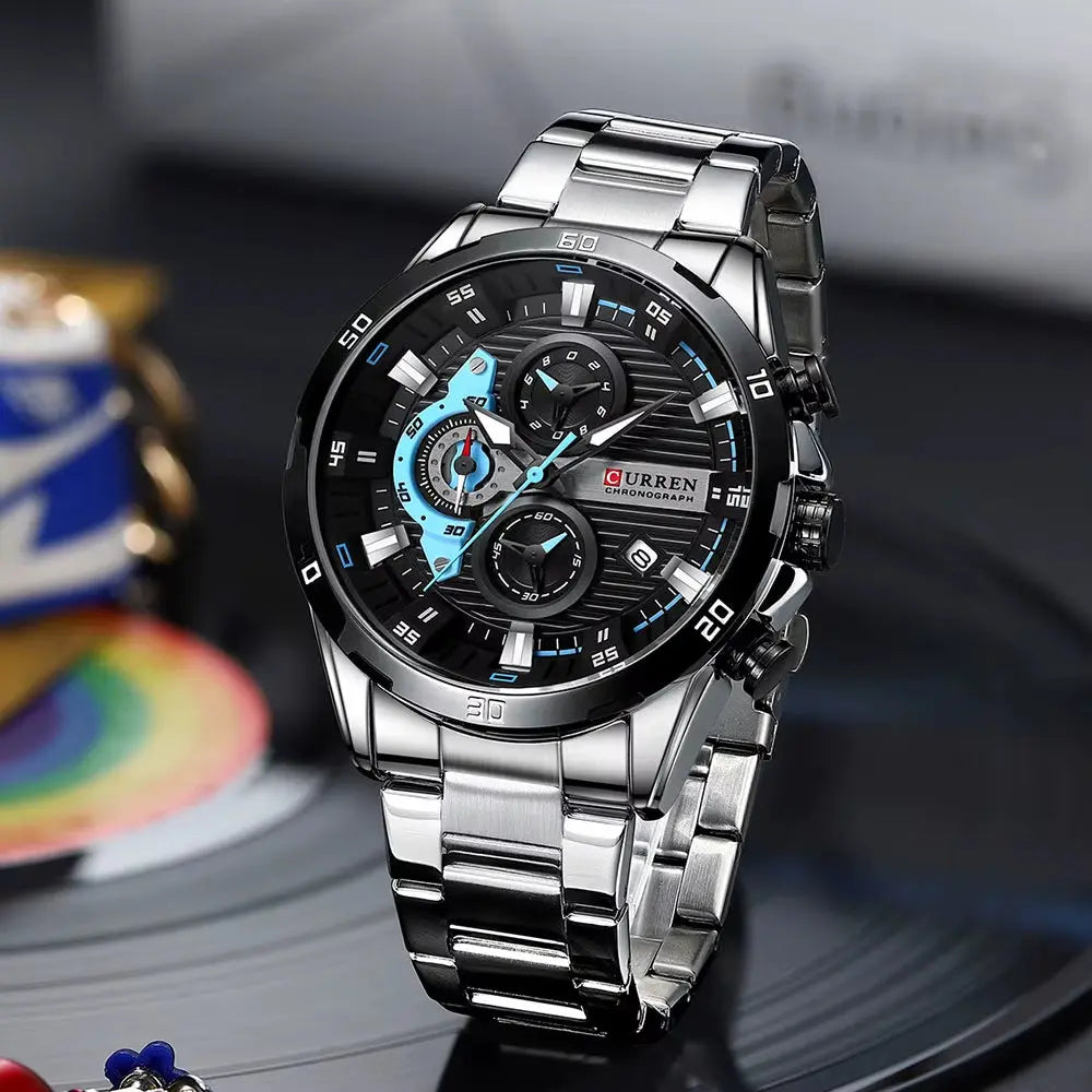 Montre homme chic en acier inoxydable, mouvement quartz, cadran phosphorescent et chronographe.