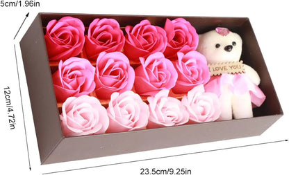 Coffret Cadeau Romantique QANYEGN : Savon De Bain Parfumé Floral avec Pétales de Roses et Ours en Peluche - Idéal pour la Saint-Valentin