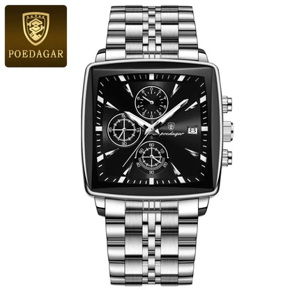 Montre de Luxe Carrée pour Homme : Chronographe Quartz en Acier Inoxydable – Étanche et Luminescente