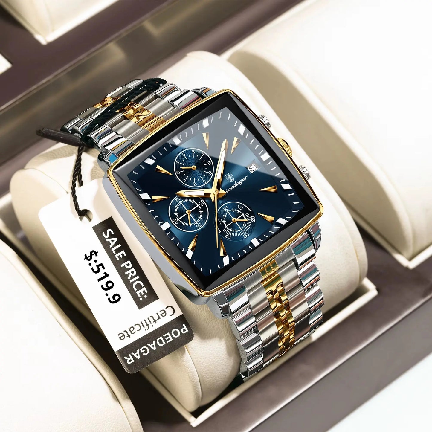 Montre de Luxe Carrée pour Homme : Chronographe Quartz en Acier Inoxydable – Étanche et Luminescente
