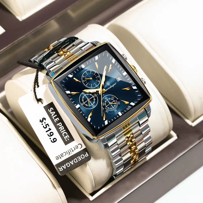 Montre de Luxe Carrée pour Homme : Chronographe Quartz en Acier Inoxydable – Étanche et Luminescente