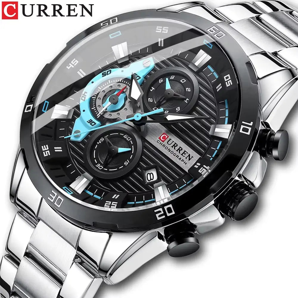 Montre homme chic en acier inoxydable, mouvement quartz, cadran phosphorescent et chronographe.
