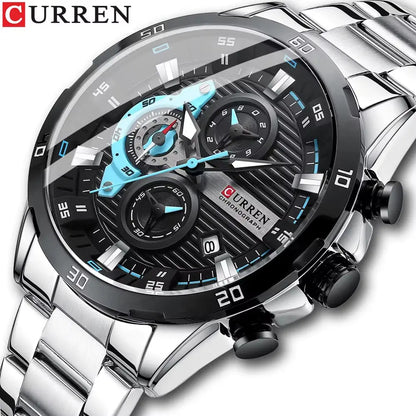 Montre homme chic en acier inoxydable, mouvement quartz, cadran phosphorescent et chronographe.