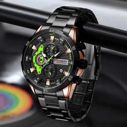 Montre homme chic en acier inoxydable, mouvement quartz, cadran phosphorescent et chronographe.