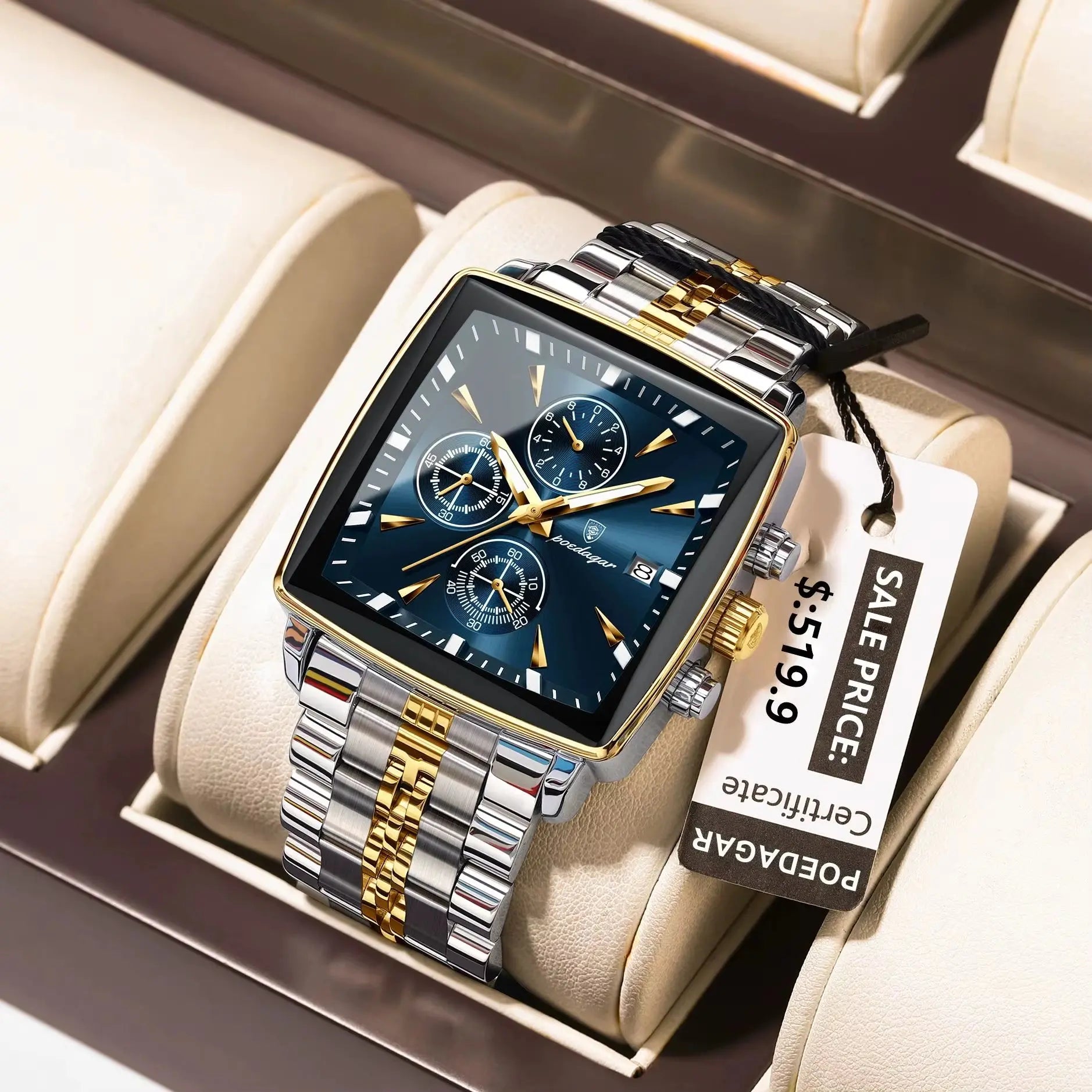 Montre de Luxe Carrée pour Homme : Chronographe Quartz en Acier Inoxydable – Étanche et Luminescente