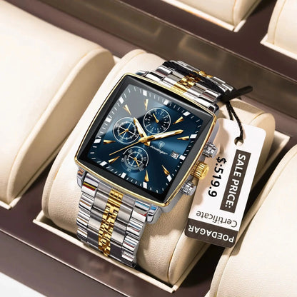Montre de Luxe Carrée pour Homme : Chronographe Quartz en Acier Inoxydable – Étanche et Luminescente
