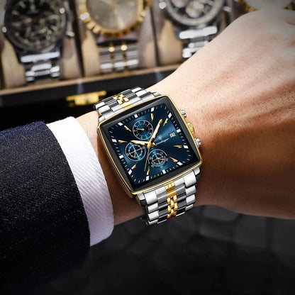 Montre de Luxe Carrée pour Homme : Chronographe Quartz en Acier Inoxydable – Étanche et Luminescente