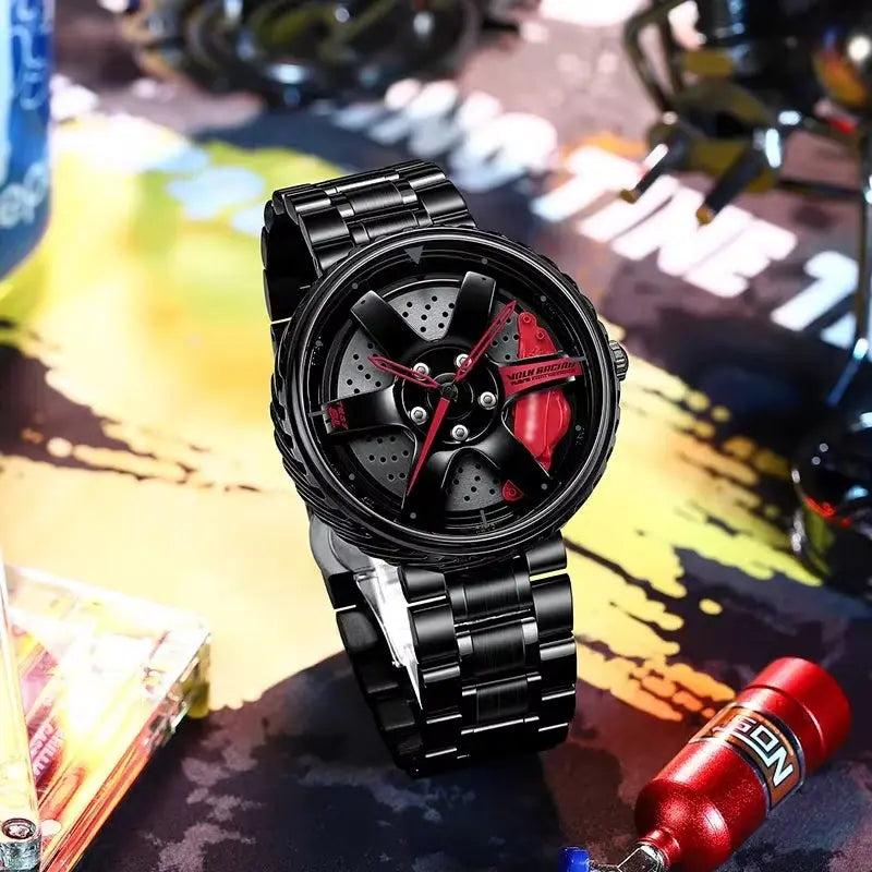 Sleek and Stylish Men's Quartz Wristwatch with Racing Car Rim Design - Perfect for Business and Casual Wear